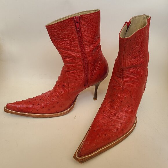 Vtg Goss Red Leather Ostrich Boots 6 Stiletto Pointed Toe Western Witchy Cowboy - Picture 2 of 16